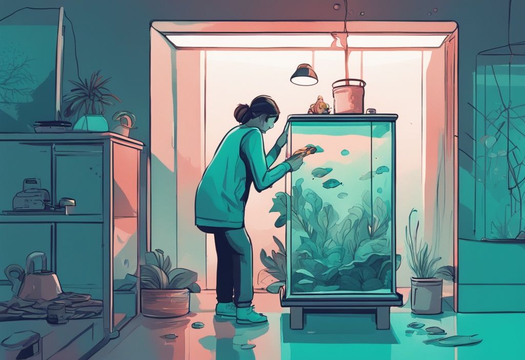 Modern digital painting of a person moving a full fish tank with equipment, teal color theme