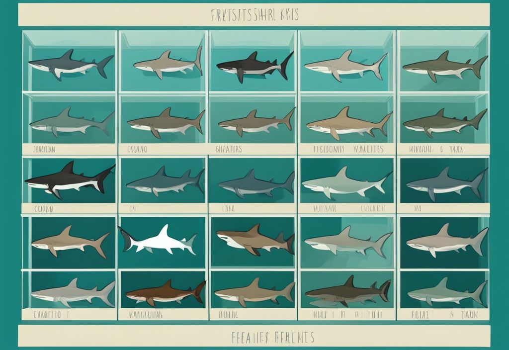 Modern digital painting of top 10 freshwater aquarium sharks in teal-themed labeled compartments.