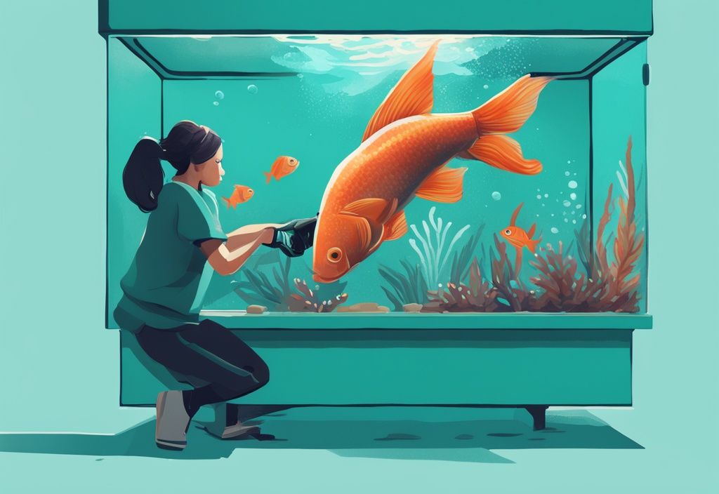 Illustration of a person using specialized equipment to move a fish tank without emptying it, featuring a teal color theme and fish swimming inside.