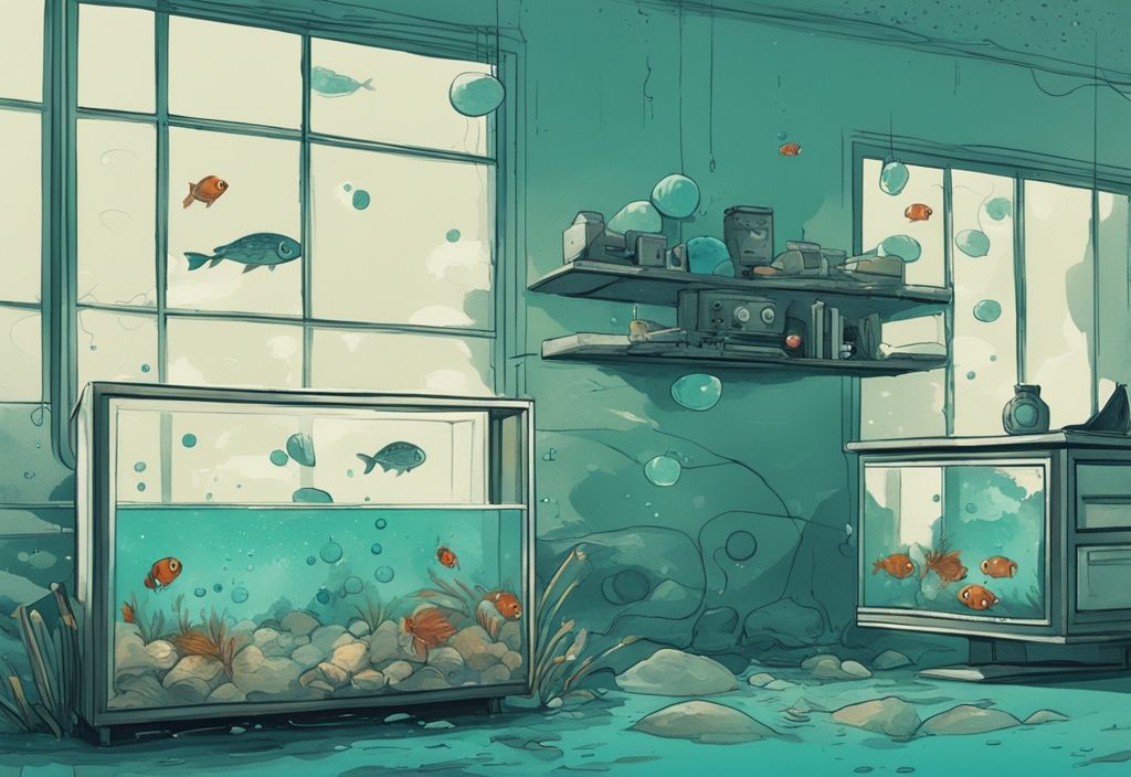 Modern digital painting of a cloudy fish tank with bubbles, floating debris, and distressed fish, illustrating the murky environment and addressing the question: why is my fish tank cloudy.