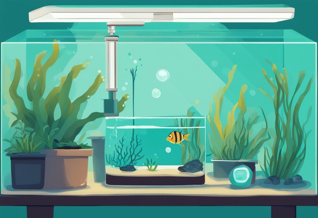 Modern digital painting of a test kit measuring KH (carbonate hardness) in a teal-themed home aquarium; learn what is KH in aquarium settings.