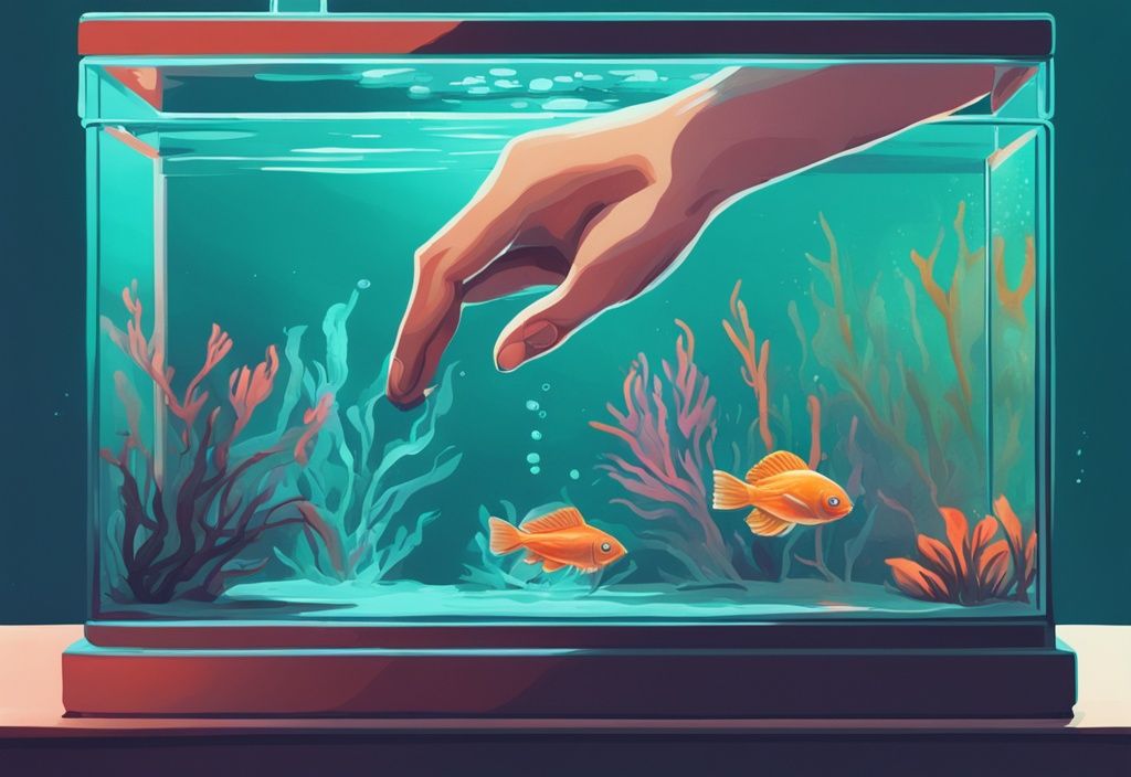 Close-up of hands testing water in a vibrant fish tank with a teal color theme using a test kit.