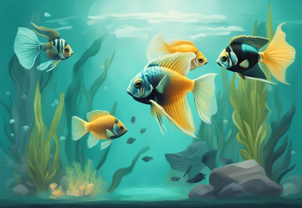 Modern digital painting of a teal-themed aquascaped aquarium with Angel fish, guppies, corydoras, and dwarf cichlids.