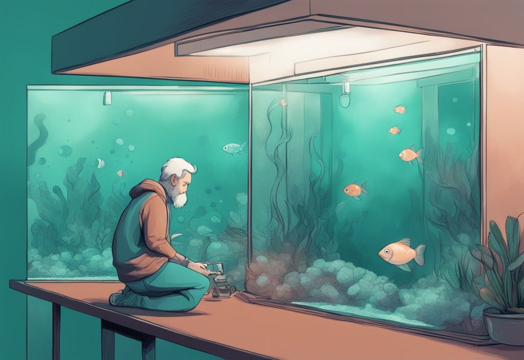 Digital painting of a concerned fish owner examining a cloudy teal-themed fish tank.