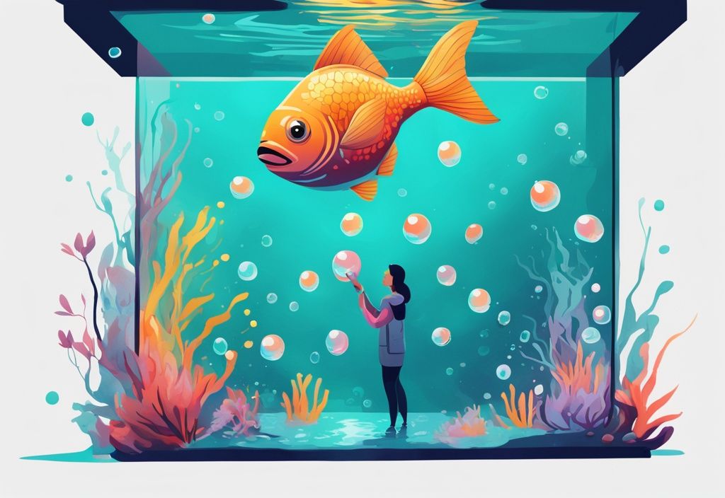 Modern digital painting of person adding oxygen tablet to fish tank, illustrating how to add oxygen to fish tank with teal color theme, bubbles rising from tablet.