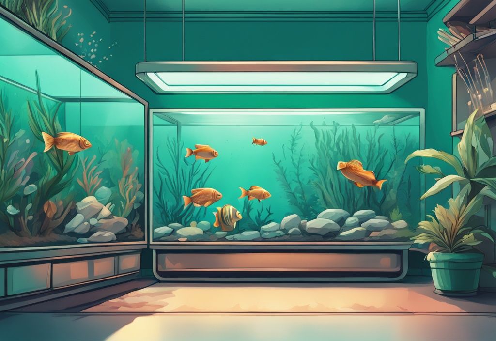 Modern digital painting of teal-themed carbon filters surrounding a vibrant fish tank.