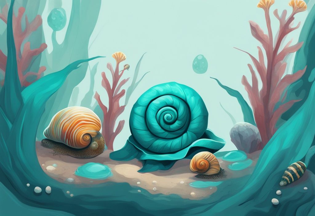 Teal-themed digital painting of aquarium snails reproducing with visible egg cluster