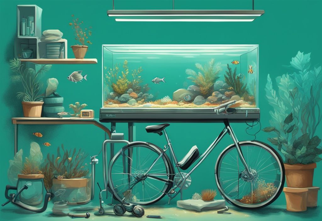 Modern digital painting illustrating how to cycle a fish tank with teal color theme, featuring step-by-step process and necessary equipment.