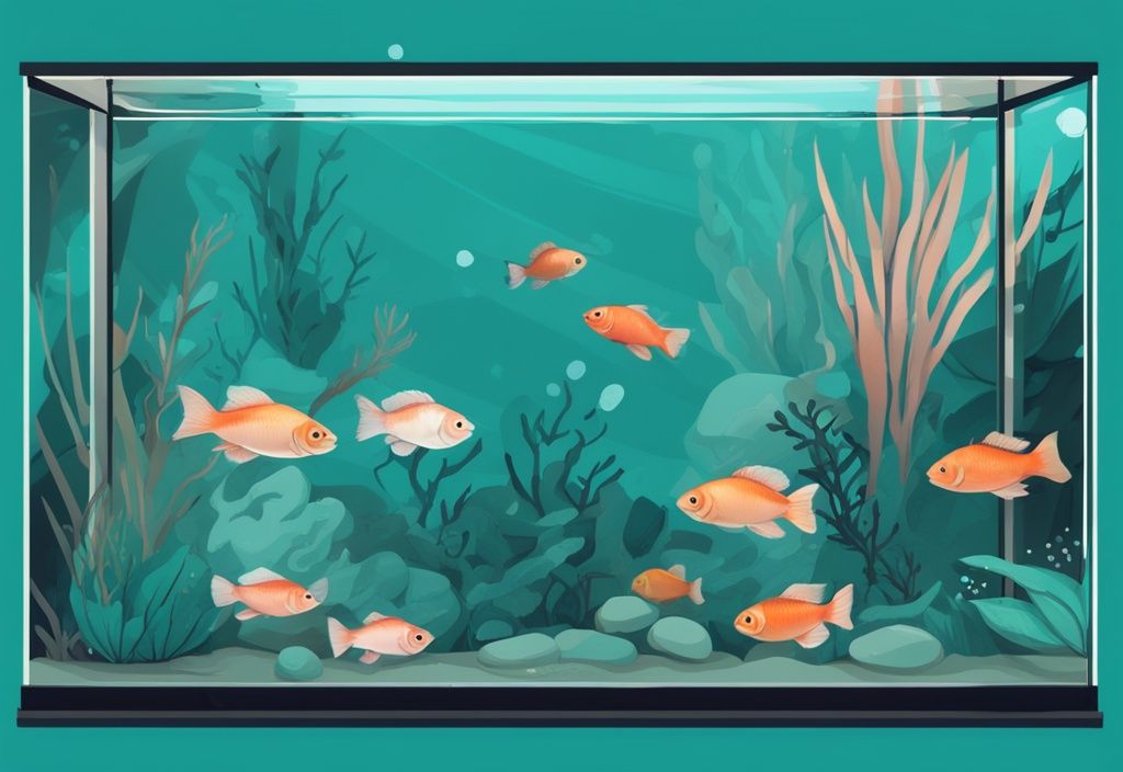 Modern digital painting of beginner-friendly freshwater fish in a small, well-decorated tank, featuring the best fish for beginners for a small tank, with a teal color theme.