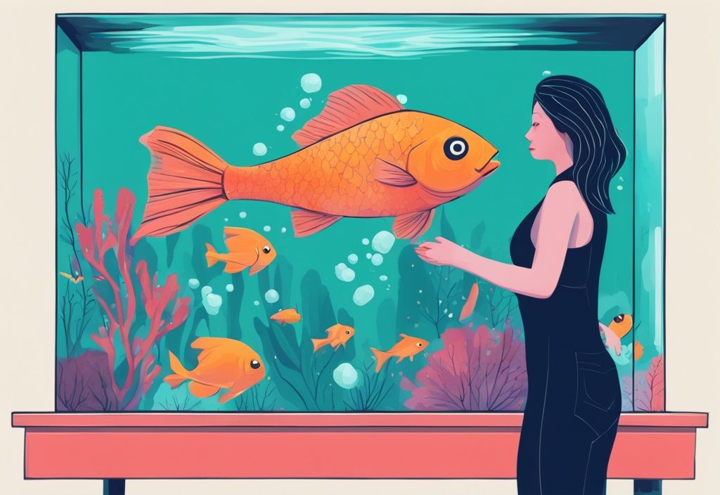 Modern digital painting of a hand pouring treatment into a teal-themed fish tank, illustrating how to lower alkalinity in a fish tank with healthy water and vibrant fish.