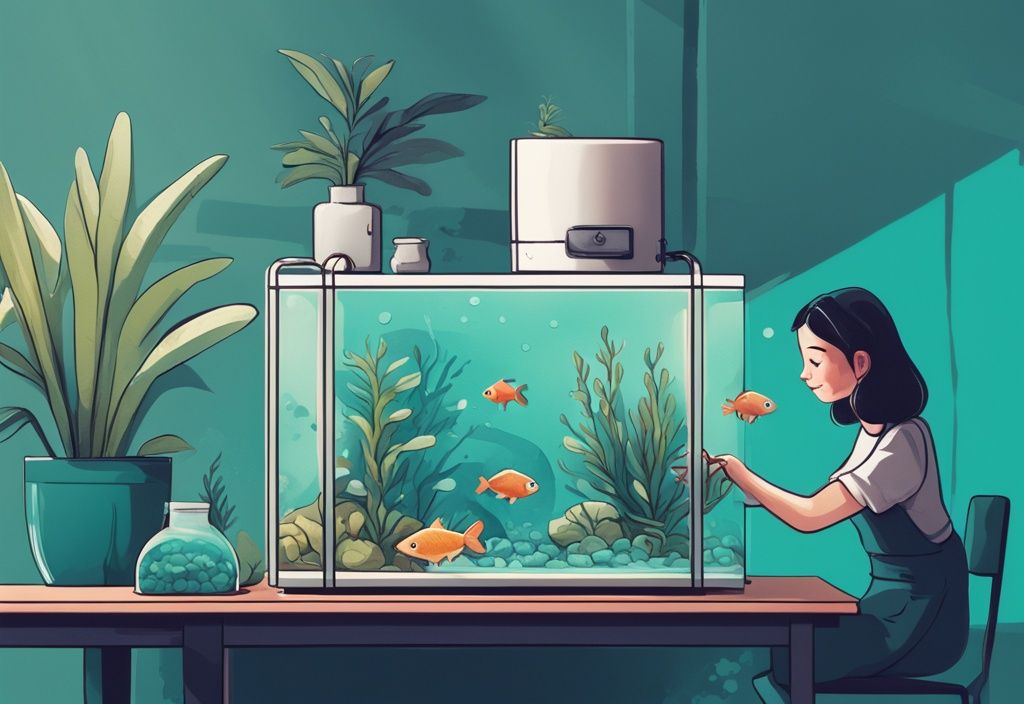 Modern digital painting of a person setting up a teal-themed fish tank with water, plants, heater, and fish.