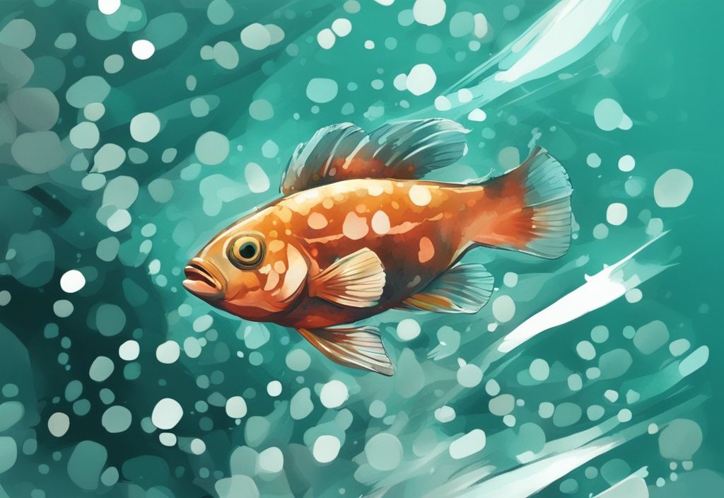 Modern digital painting of a teal-themed fish tank with visible white spots on the glass surface.