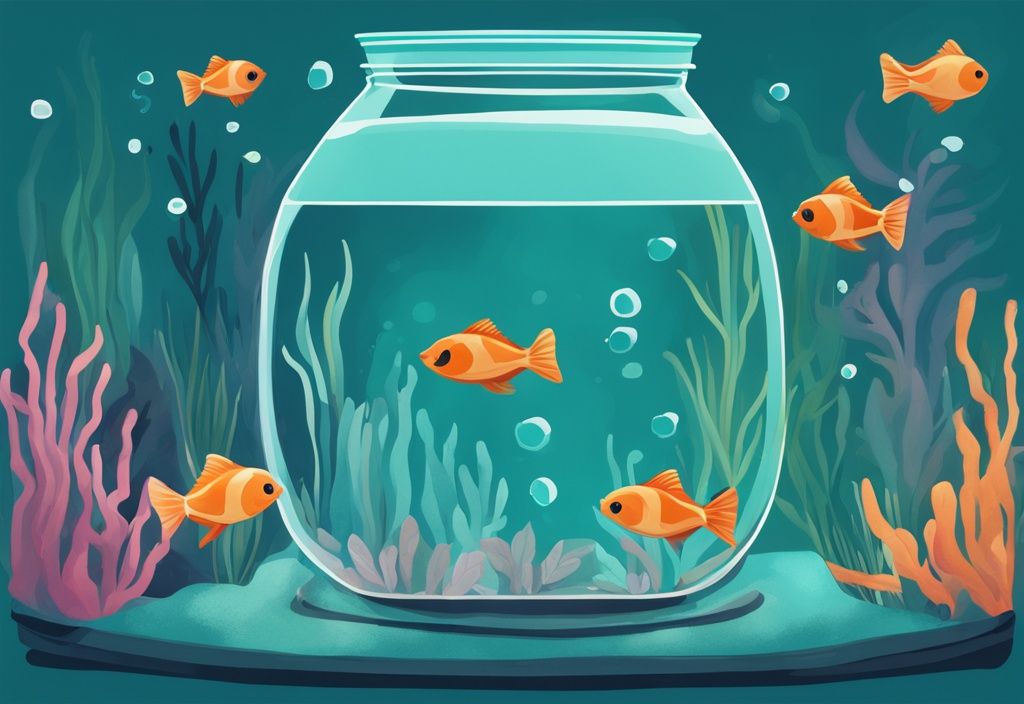 Modern digital painting of colorful small fish swimming in a teal-themed 5-gallon tank, showcasing the best fish for a 5-gallon tank.