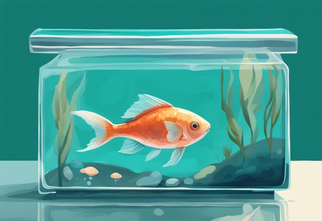 Modern digital painting of a fish in a clear water bag with teal color theme and aquarium background