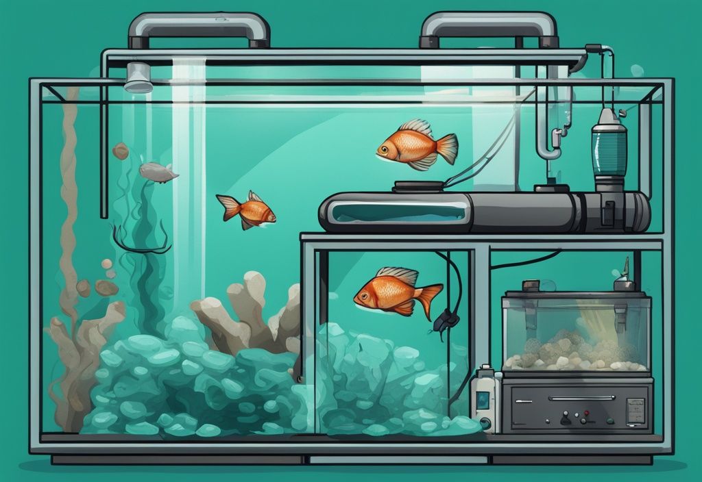 Modern digital painting illustration of fish tank setup with teal theme, featuring a tank, water filter, heater, gravel, decorations, and net, showcasing how to set up a fish tank.