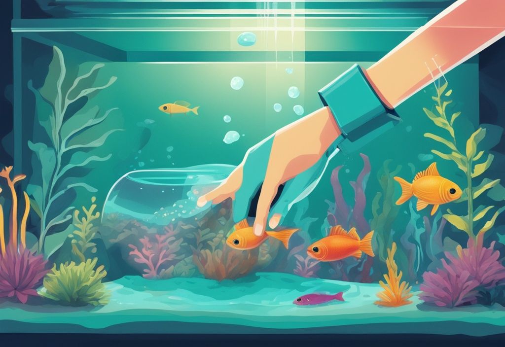 Gloved hands using a siphon to clean aquarium sand in a brightly lit tank with aquatic plants and colorful fish, demonstrating how to clean aquarium sand.