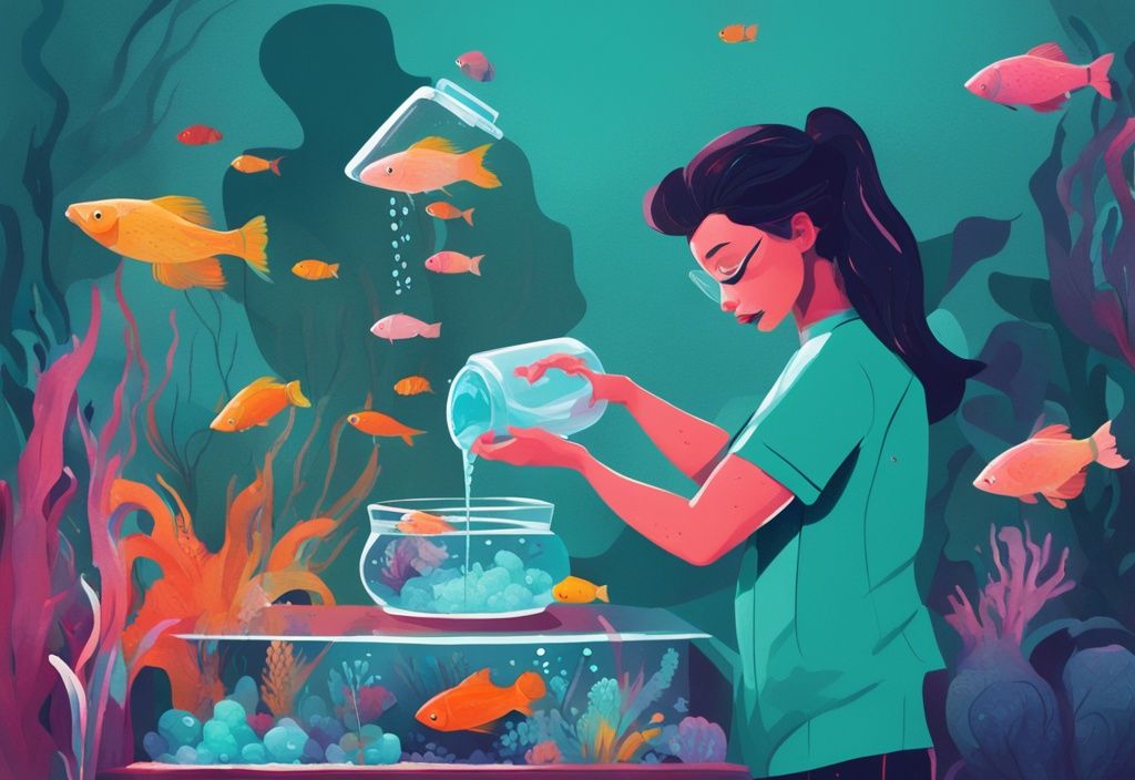 Illustration of a hand pouring distilled water into a vibrant fish tank with colorful aquatic creatures, highlighting the query: can you use distilled water in a fish tank.