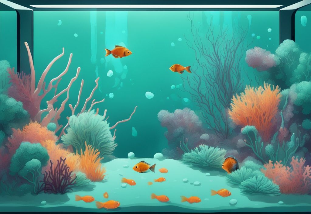 Modern digital painting of a fish tank with teal theme, showing biofilm on surface and tropical fish swimming below.