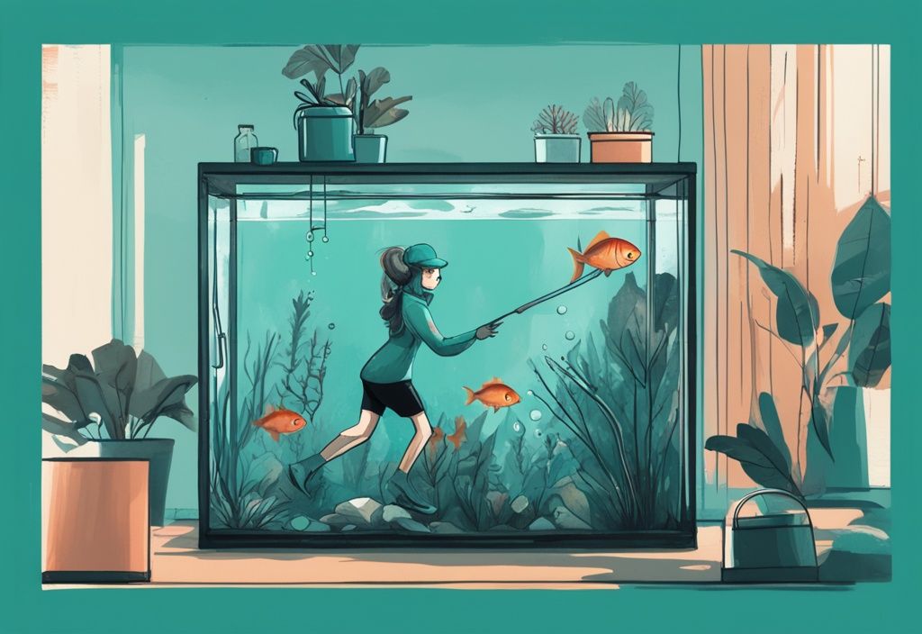 Modern digital painting of person lifting fish tank with teal color theme, featuring fish net, bucket, and portable container nearby.