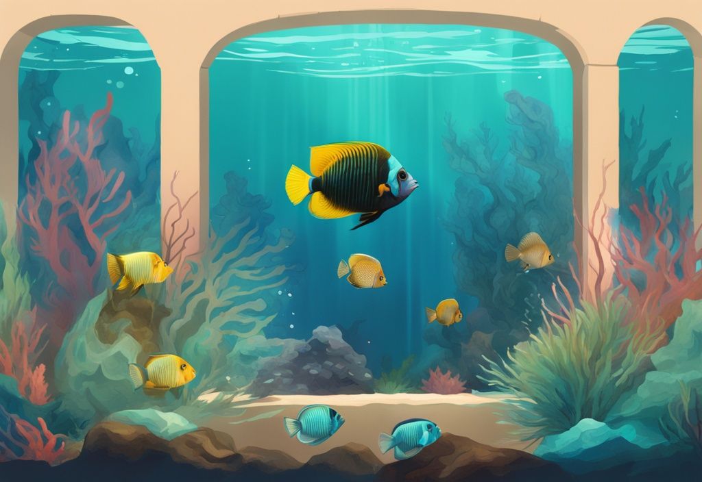 Modern digital painting of an underwater scene with a vibrant Angel fish and tank mates in a teal-themed aquarium.