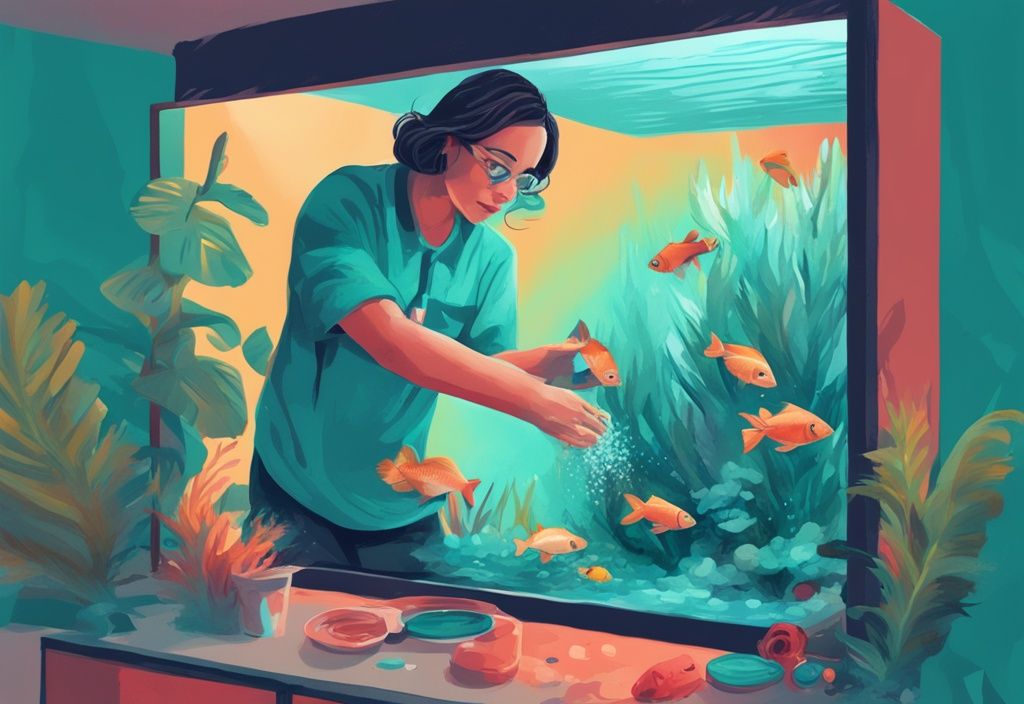 Digital painting of a person adding alkalinity increaser to a tropical fish tank with teal theme