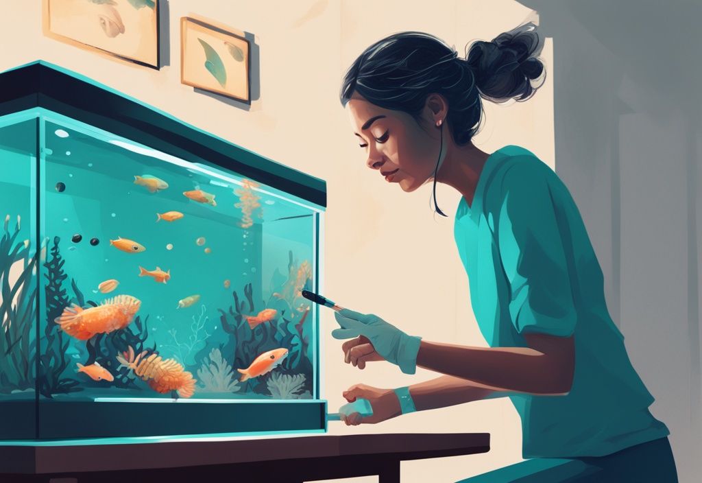 Digital painting of a person cycling a fish tank with teal color theme, featuring fish tank, testing kits, and bacteria starter.