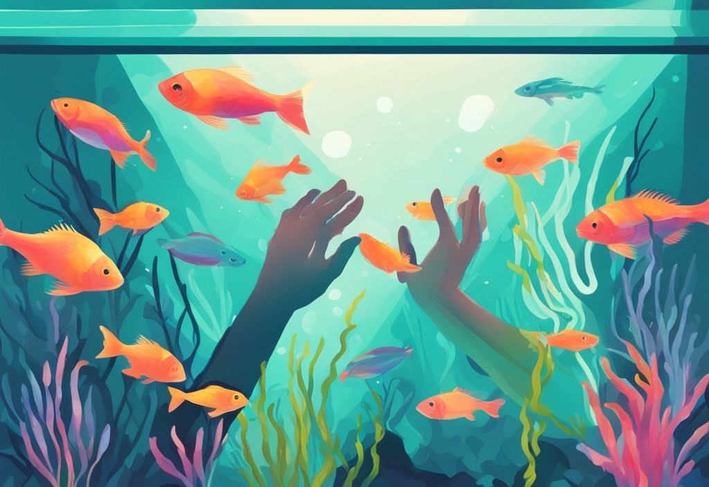 Hands demonstrating how to plant aquarium plants in a vibrant teal-themed aquarium with colorful fish.