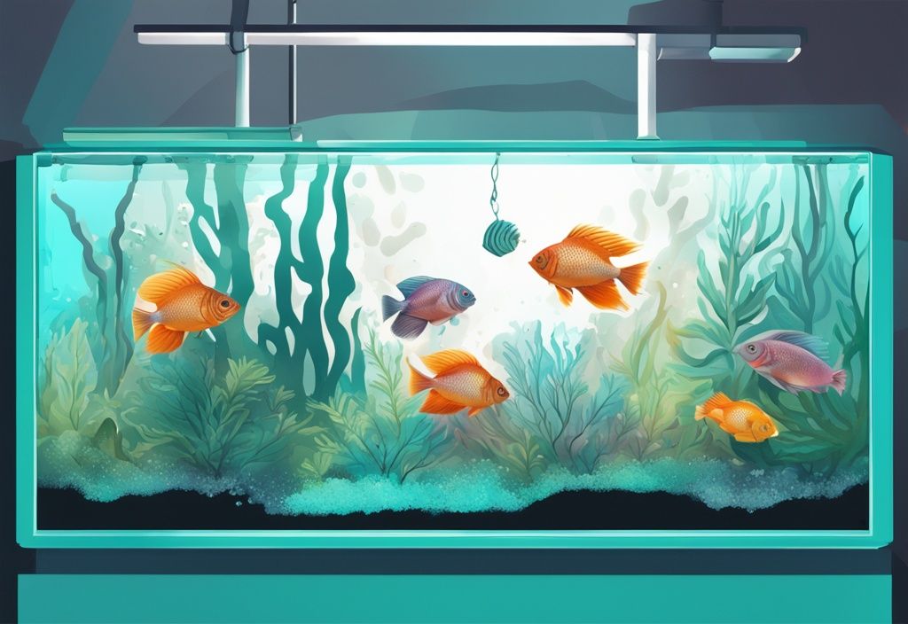 Modern digital painting of a fish tank showcasing biofilm in fish tank on glass walls and decorations, surrounded by colorful tropical fish and green plants, with a teal color theme.