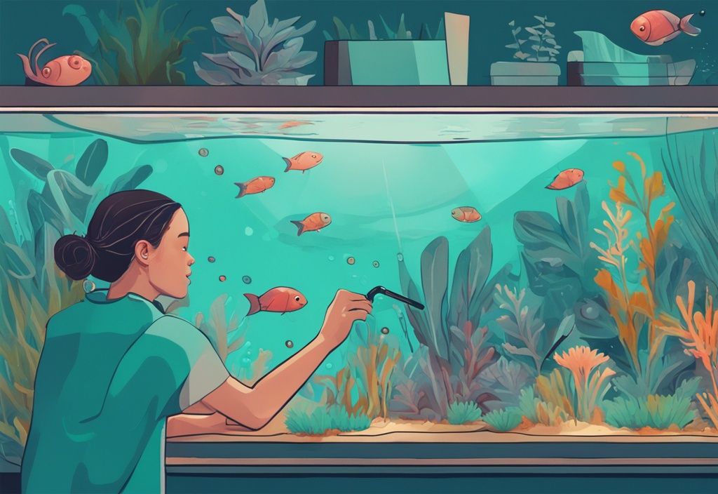 Illustration of a hand using a tool to remove snails from an aquarium with colorful fish and plants, demonstrating how to get rid of snails in aquarium.