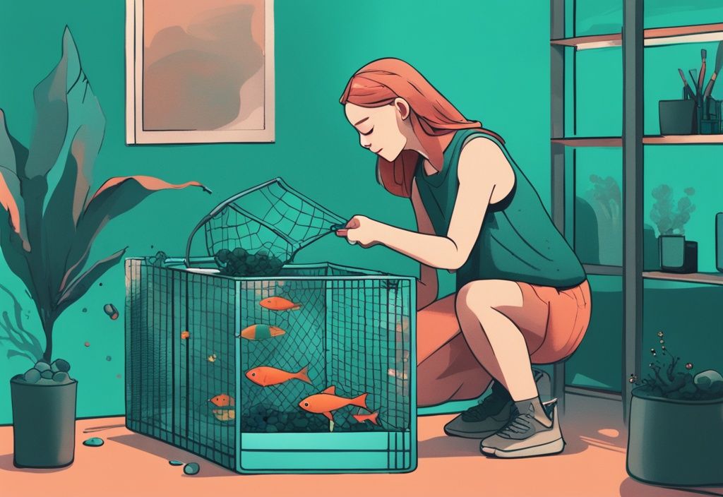 Modern digital painting of person lifting fish tank with teal theme, featuring fish net, bucket, and portable container nearby.