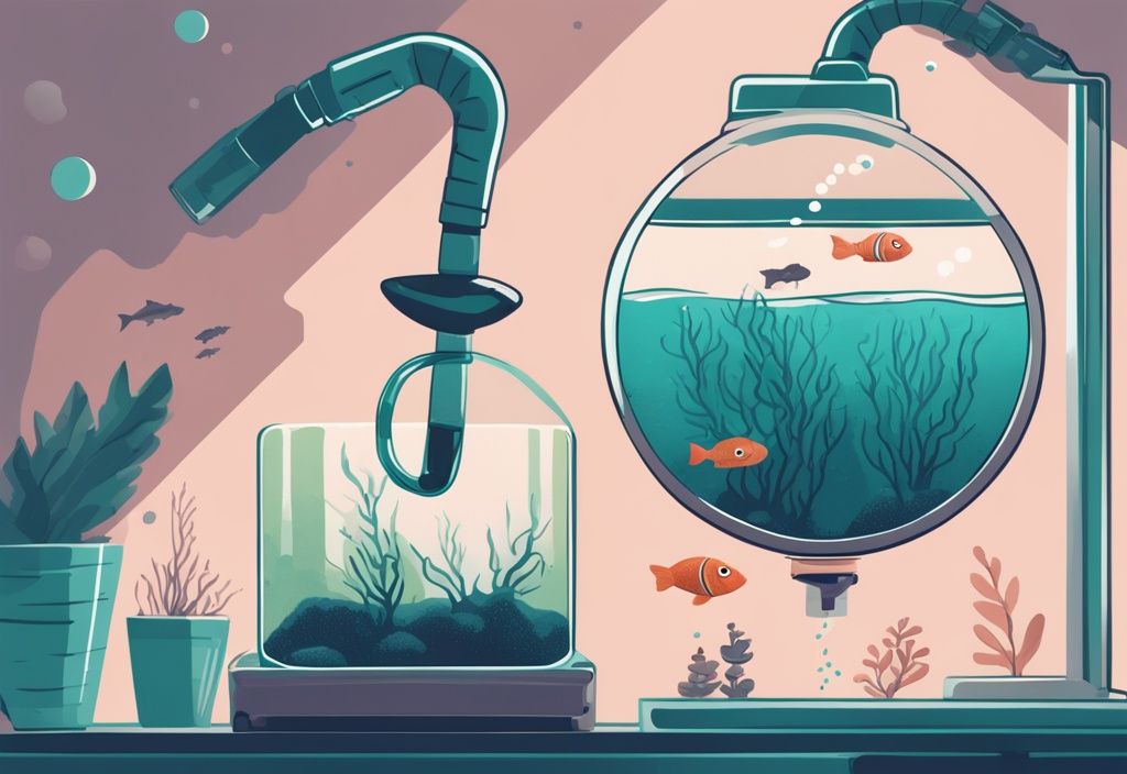 Digital painting of a hand vacuuming fish tank gravel with siphon, teal color theme, peaceful fish swimming.