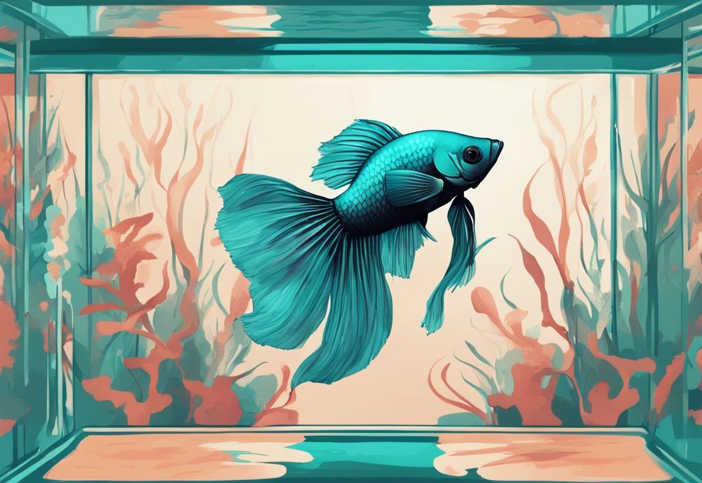 Teal-themed digital painting of a sick or stressed betta fish at the bottom of a decorated aquarium.