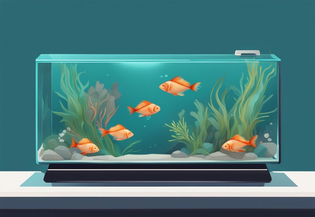 Modern digital painting of a transparent fish tank with colorful fish, teal theme, water plants, gravels, on a weight scale.