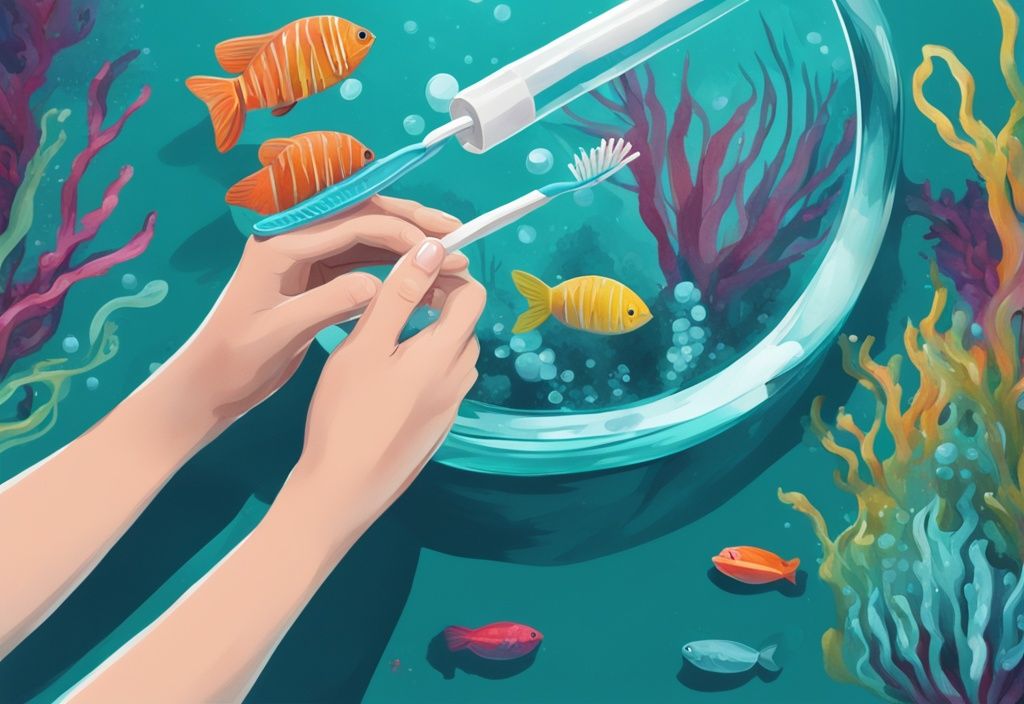 Teal-themed digital painting of hands cleaning aquarium decoration with toothbrush and water bucket.