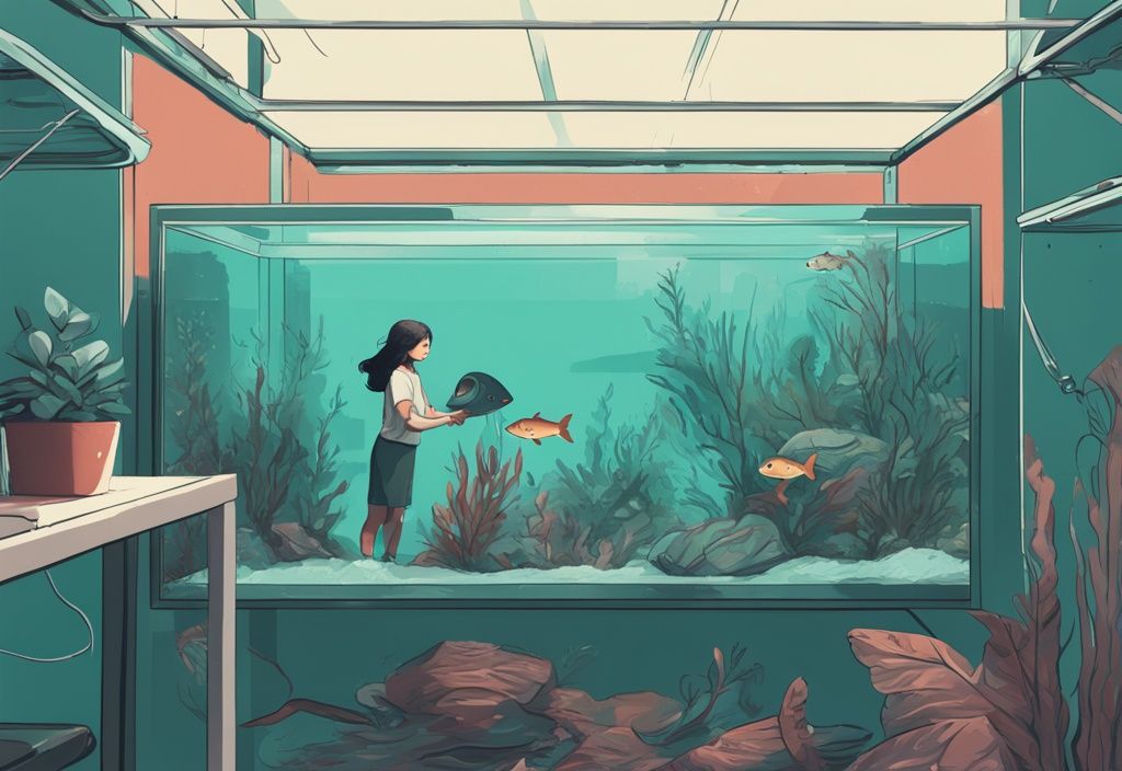 Modern digital painting of a person moving a fish tank with teal color theme.