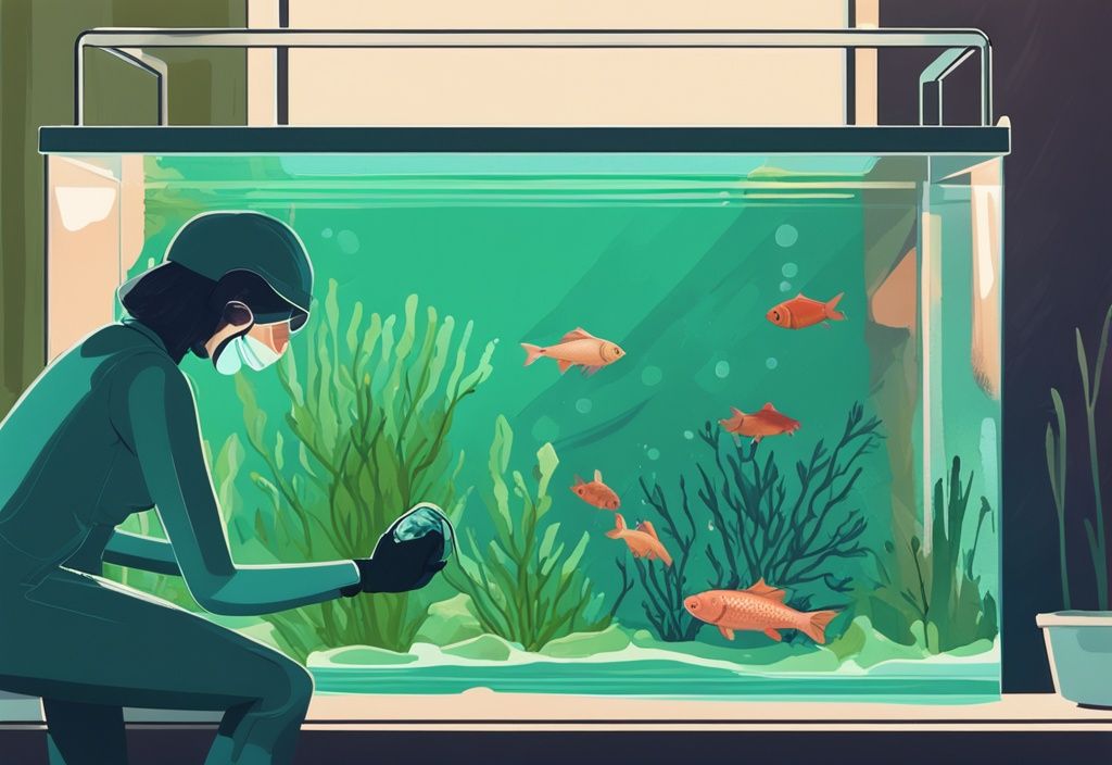 Modern digital painting of an individual in gloves cleaning a fish tank, demonstrating how to get rid of algae in a fish tank using a special algae scrubber, with a teal color theme.