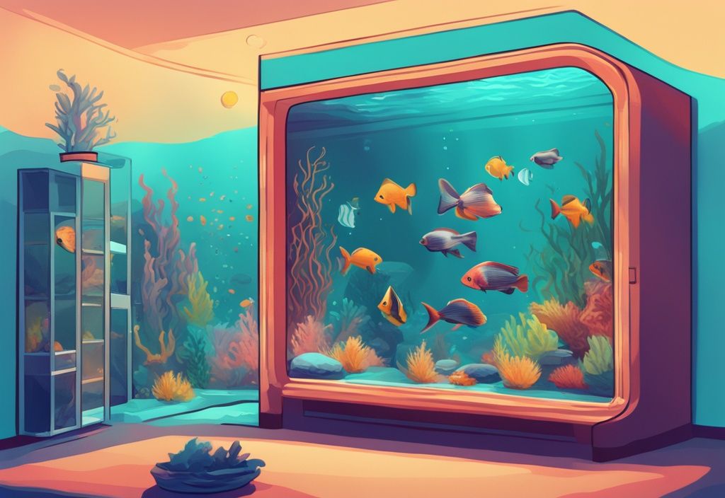 Modern digital painting of a beginner's saltwater aquarium with teal theme, featuring brightly colored beginner-friendly fish species.