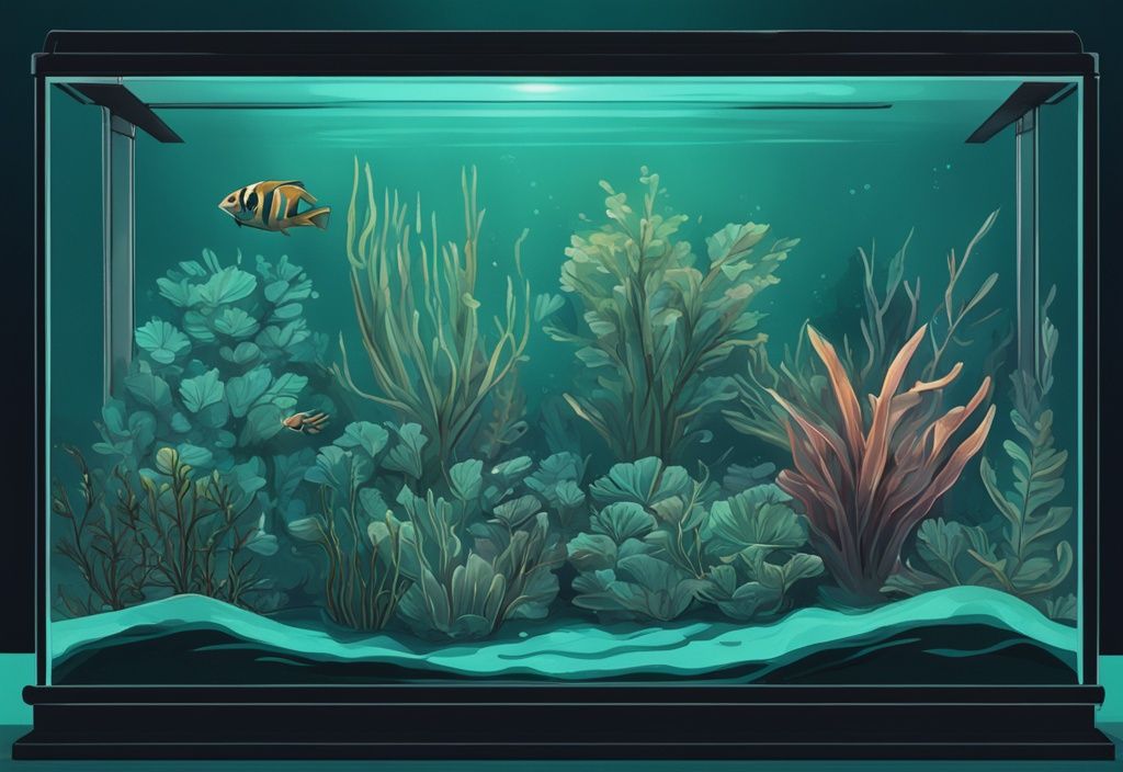 Underwater scene with teal-themed digital painting of low light aquarium plants in dimly lit tank