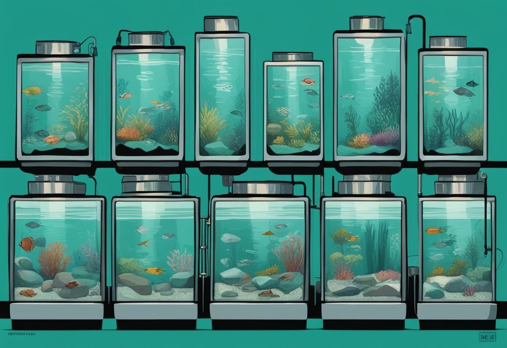 Modern digital painting of fish tanks with teal theme, showcasing different types of water for a fish tank: freshwater, saltwater, and brackish water, each labeled accordingly.