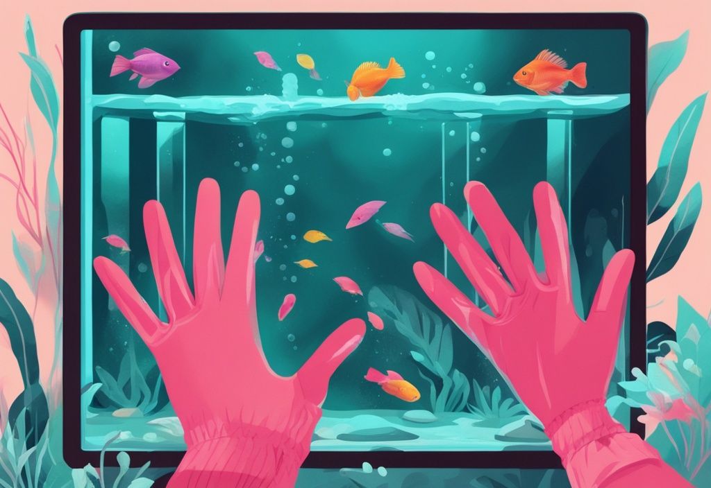 Modern digital painting of gloved hands cleaning colorful aquarium decoration under running water, illustrating how to clean aquarium decorations, with a teal color theme.