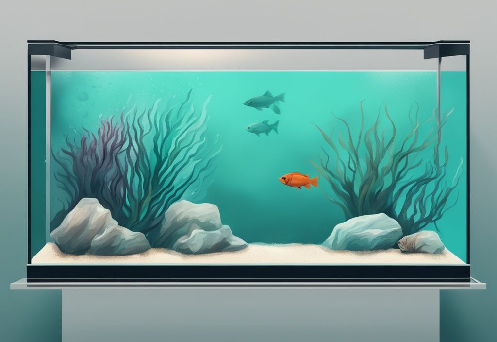 Modern digital painting of a teal-themed fish tank featuring the best carbon filter for a fish tank, highlighted as the top choice for clear water.