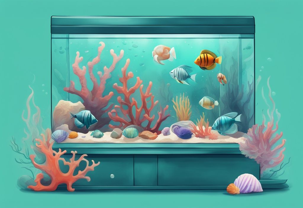 Modern digital painting of aquarium additives like sea shells, baking soda, and crushed coral next to an aquarium with colorful fish, illustrating how to raise KH in aquarium with indicators showing increased KH levels.