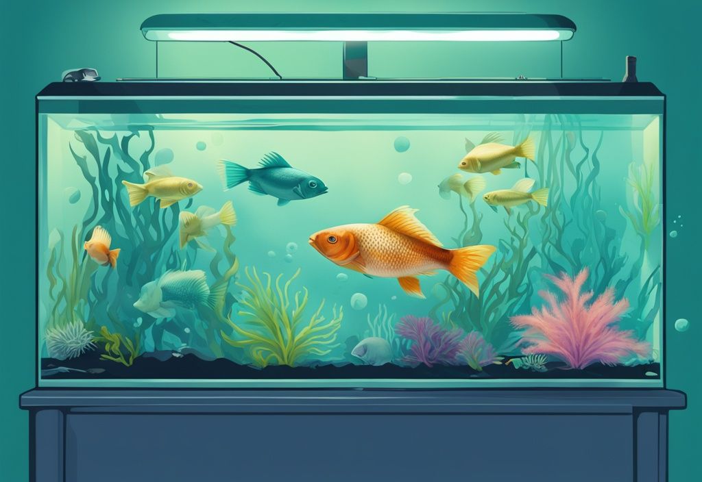 Modern digital painting of vibrant aquatic fish cleaning a clear algae-filled tank, highlighting the best tank cleaning fish in a teal-themed illustration.