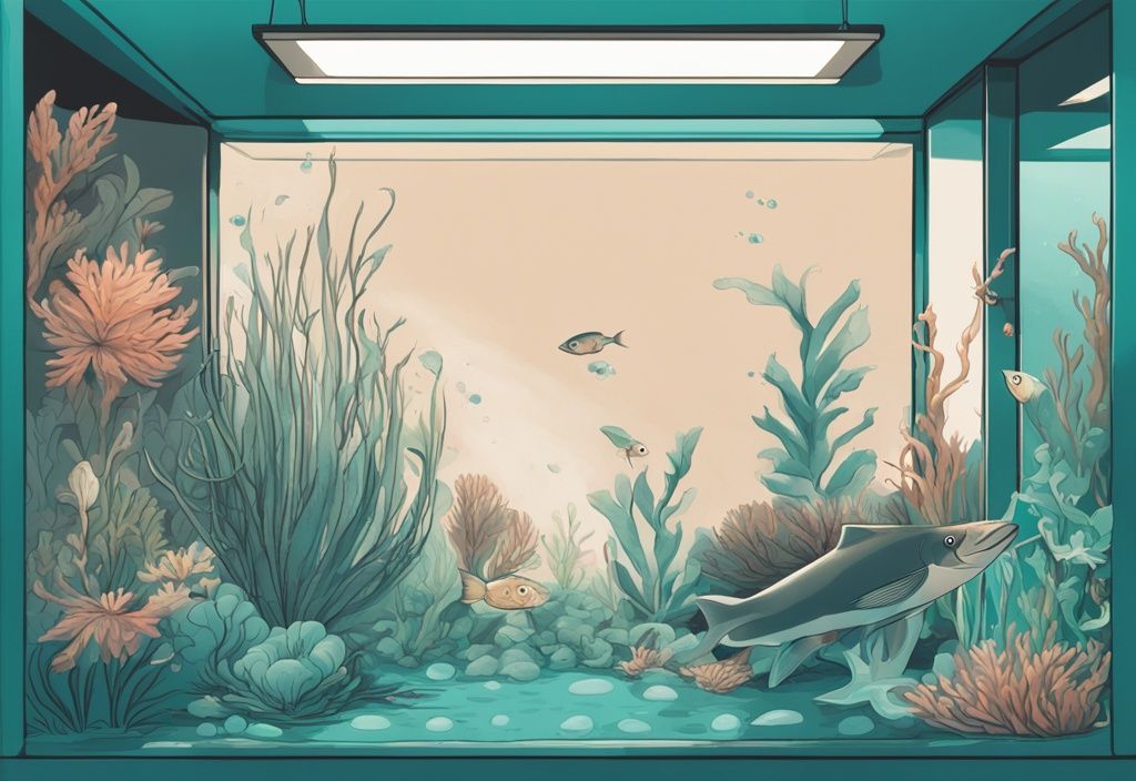 A modern digital painting illustration in teal, depicting a fish tank with a lone fish laying at the bottom, surrounded by underwater plants and decor, addressing the query "why is my fish laying at the bottom of the tank.