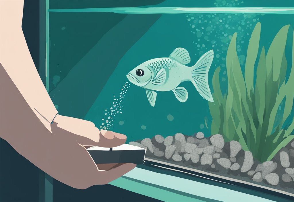 Teal-themed digital painting of a hand siphoning gravel in a fish tank with swimming fish