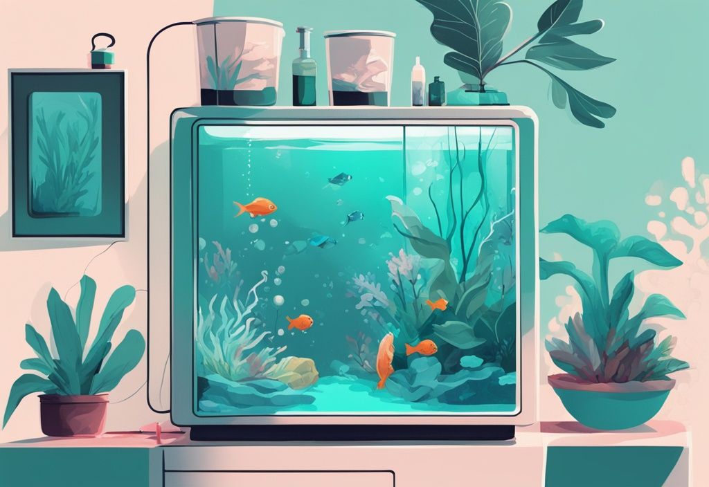 Modern digital painting of a fish tank with teal theme, showing ammonia level testing and products to reduce ammonia levels.