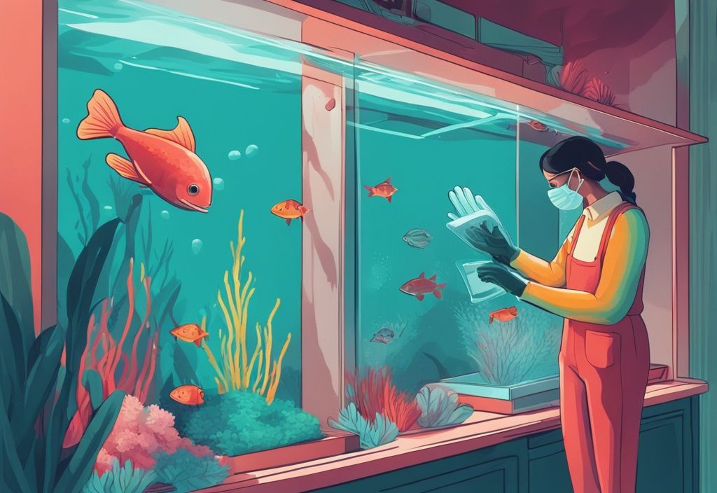 Teal-themed digital painting of gloved hands cleaning a colorful home aquarium, illustrating how to clean aquarium glass.