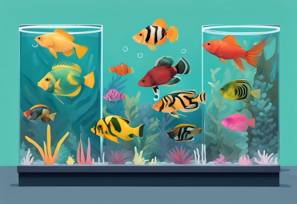 Modern digital painting of a transparent 20 gallon tank with colorful tropical fish and recommended quantities, illustrating how many fish in a 20 gallon tank.