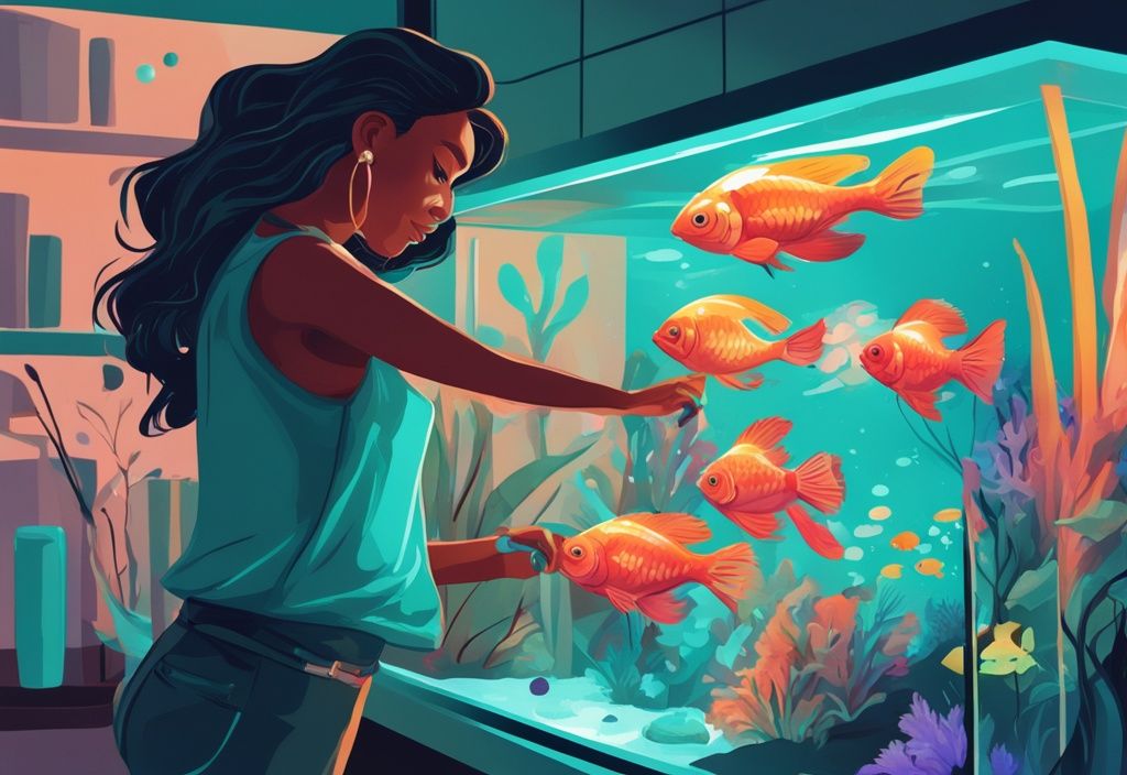 Modern digital painting of a person adding alkalinity increaser to a fish tank, illustrating how to raise alkalinity in a fish tank, with vibrant tropical fish and a teal color theme.