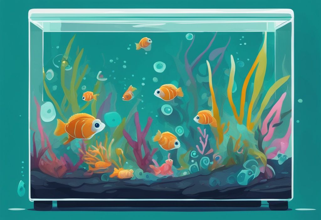 Modern digital painting of baby snails appeared in my fish tank, featuring teal hues and vibrant aquatic scenery.